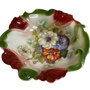 Vintage Ceramic Glass Scalloped Floral Flowery Leaves Pattern Serving Bowl